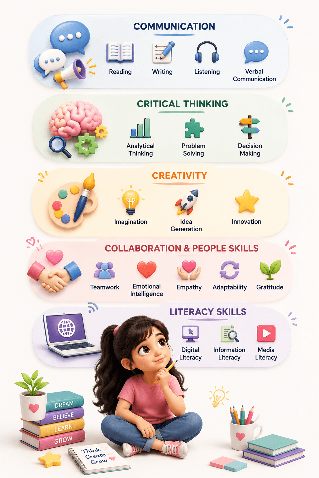 A child reading, surrounded by the skills these activities build — communication, critical thinking, creativity, collaboration and people skills, and literacy skills.
