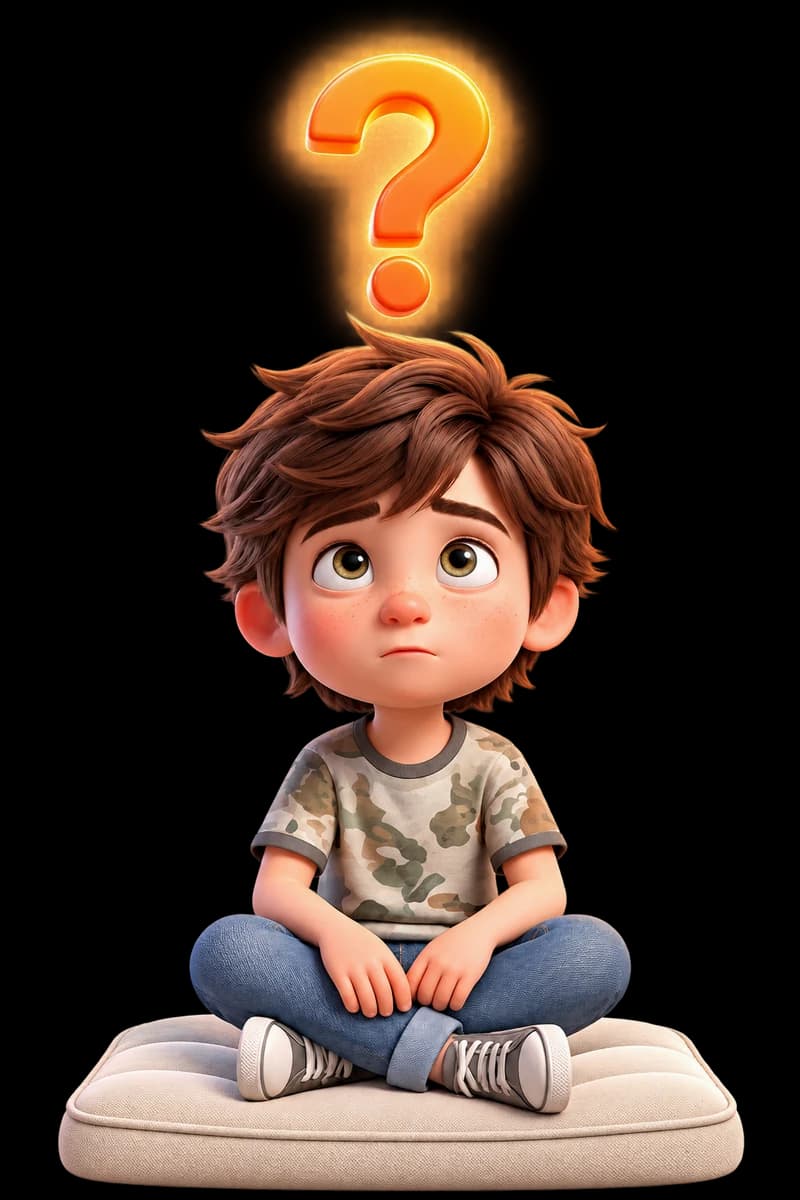 A child sitting quietly with a question mark above their head