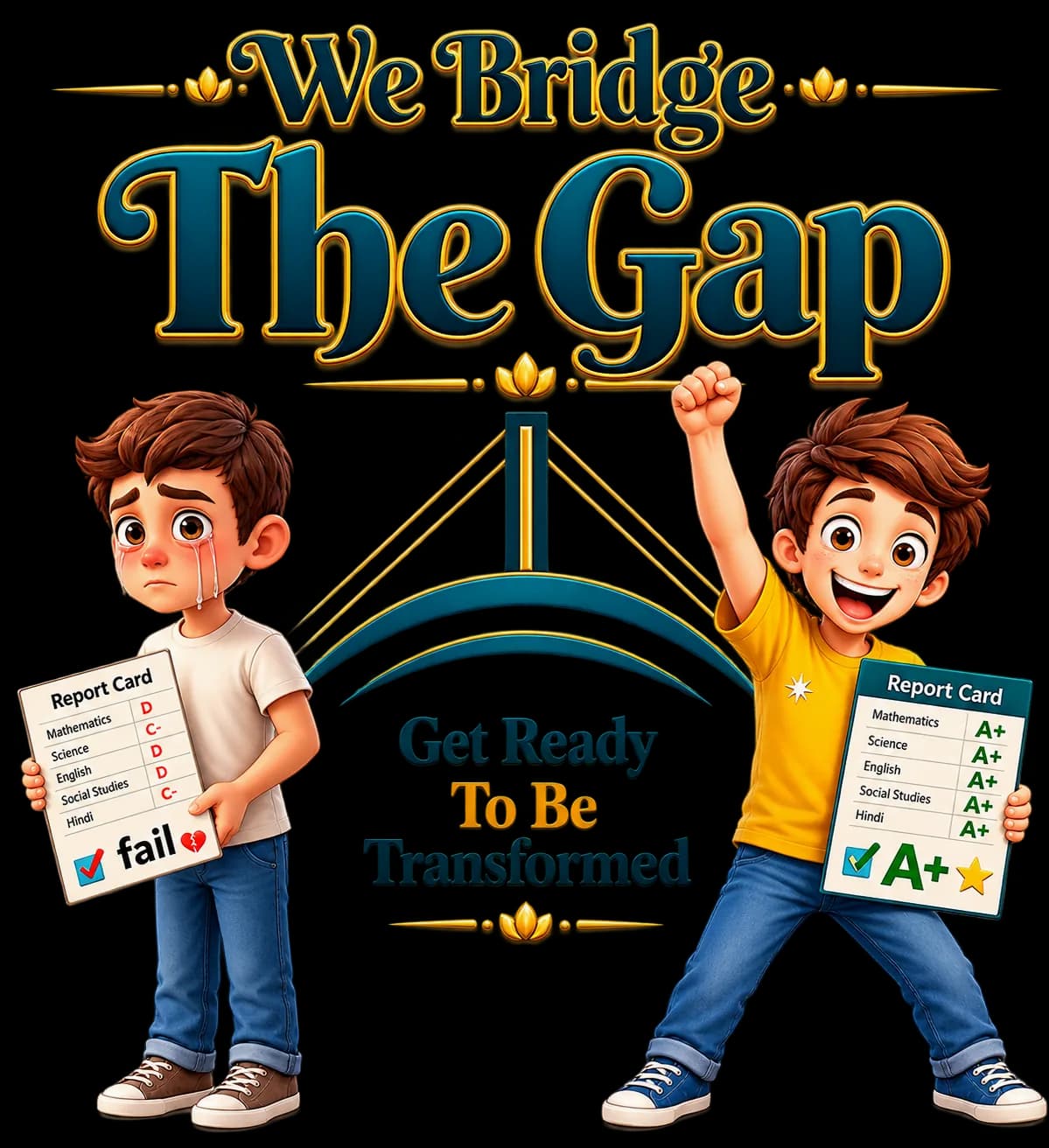 We Bridge The Gap — a boy in tears holding a failed report card on one side of a bridge, and a boy cheering with an all-A+ report card on the other. Get ready to be transformed.
